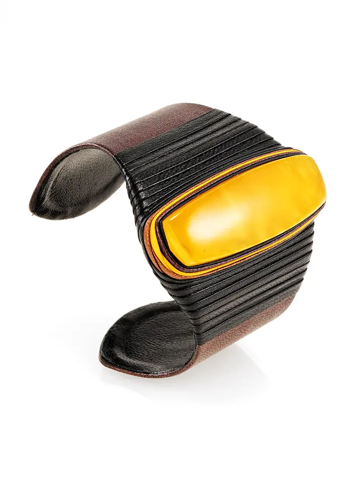картинка Широкий браслет из кожи с перламутровым отливом и янтаря «Нефертити» в онлайн магазине