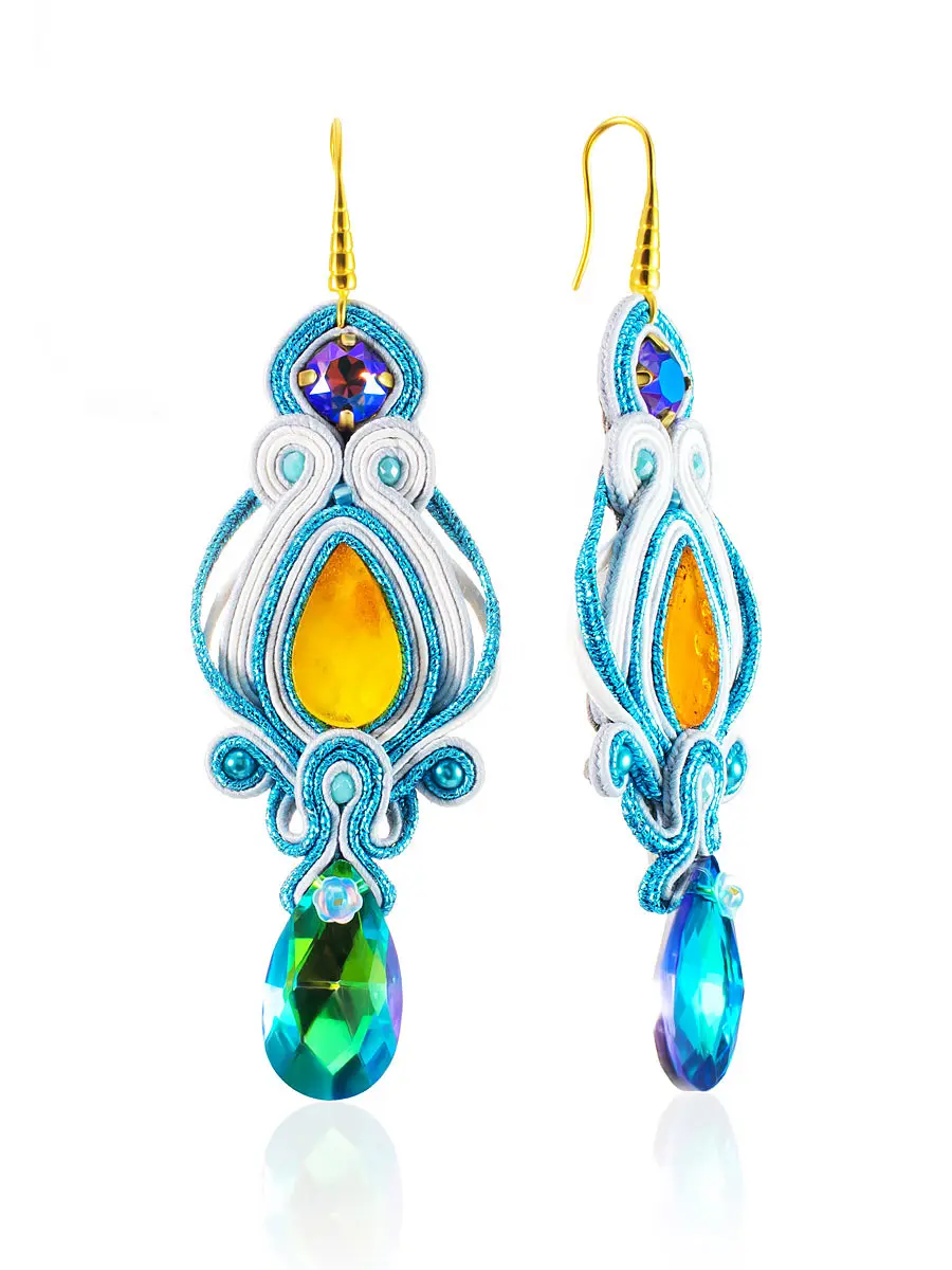 картинка Эффектные нарядные серьги «Индия» с янтарём и кристаллами в онлайн магазине