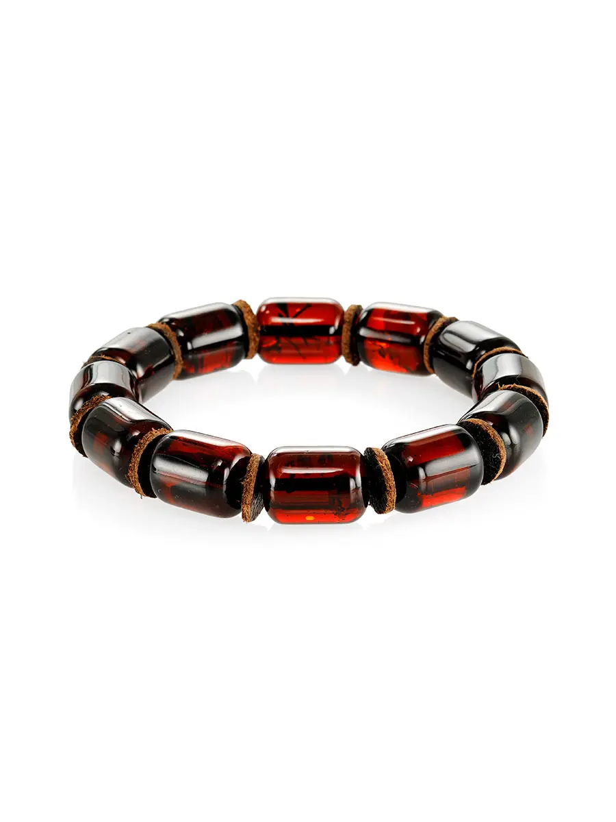 картинка Эффектный браслет из натурального янтаря вишнёвого цвета «Бочонок» в онлайн магазине
