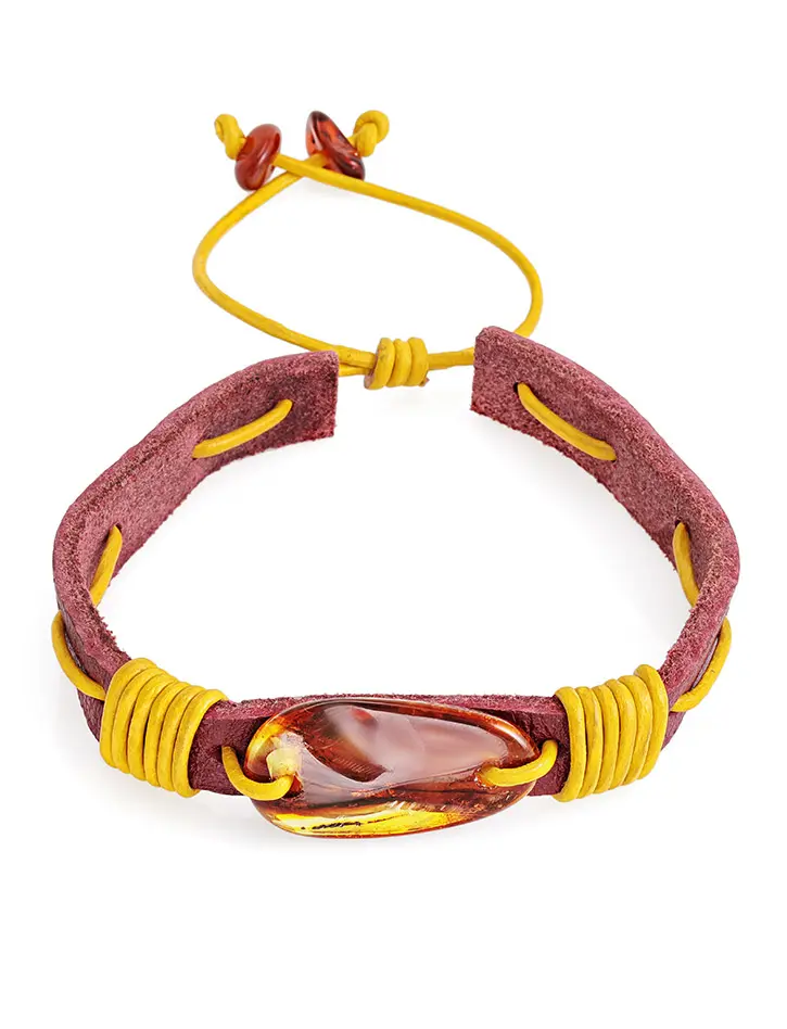 картинка Яркий кожаный браслет с натуральным цельным янтарём «Копакабана» в онлайн магазине