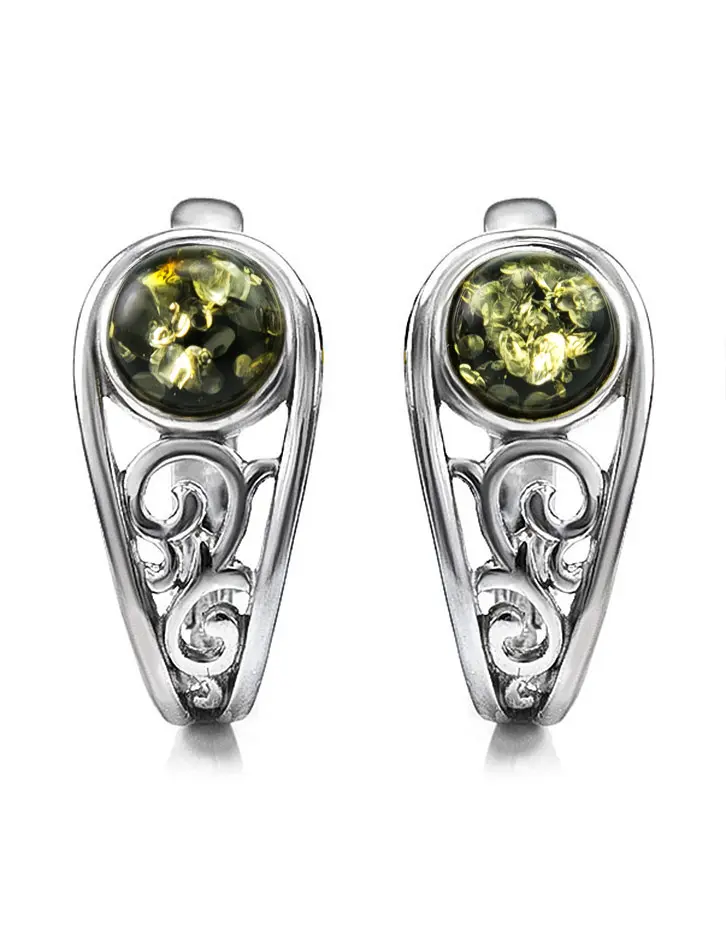 картинка Серебряные серьги с натуральным янтарём зелёного цвета «Шахерезада» в онлайн магазине
