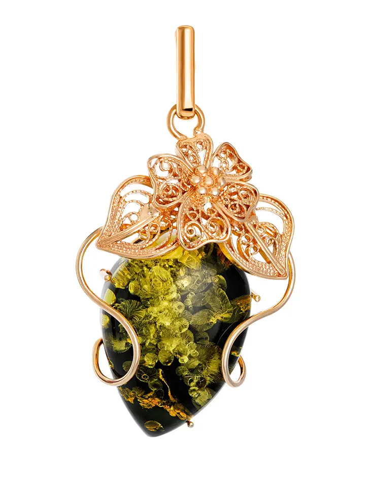 картинка Красивая подвеска «Филигрань» из позолоченного серебра и зелёного янтаря в онлайн магазине