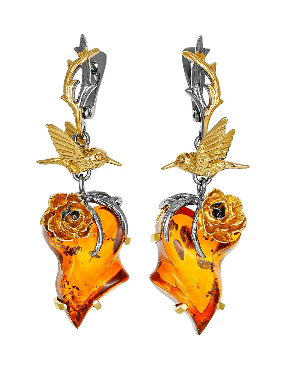 картинка Нарядные серьги из позолоченного серебра и янтаря «Колибри» в онлайн магазине