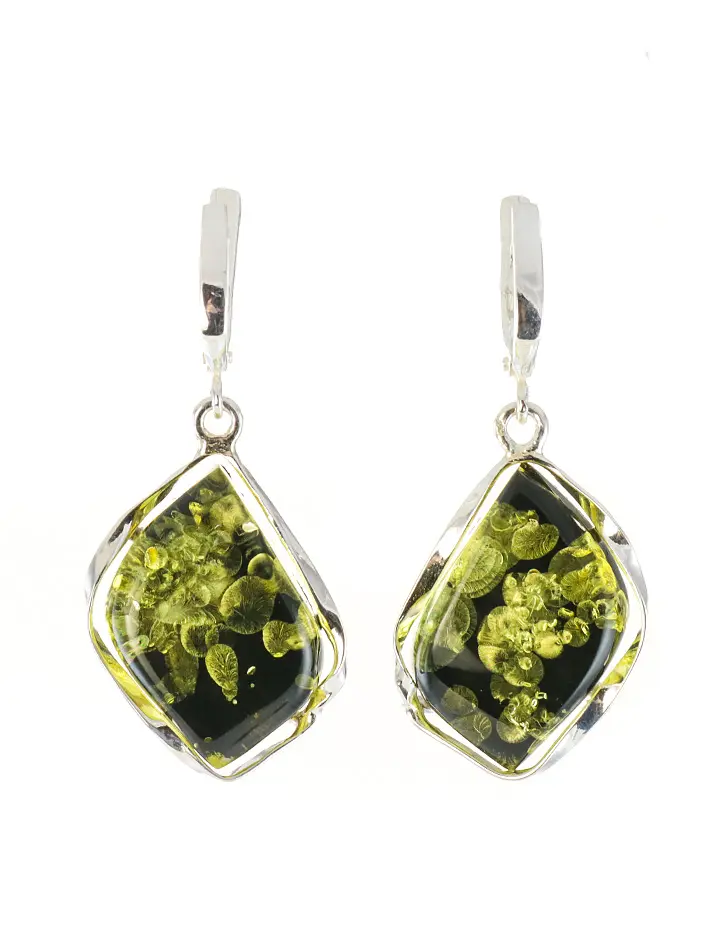 картинка Красивые серебряные серьги с искрящимся зеленым янтарем «Лагуна» в онлайн магазине