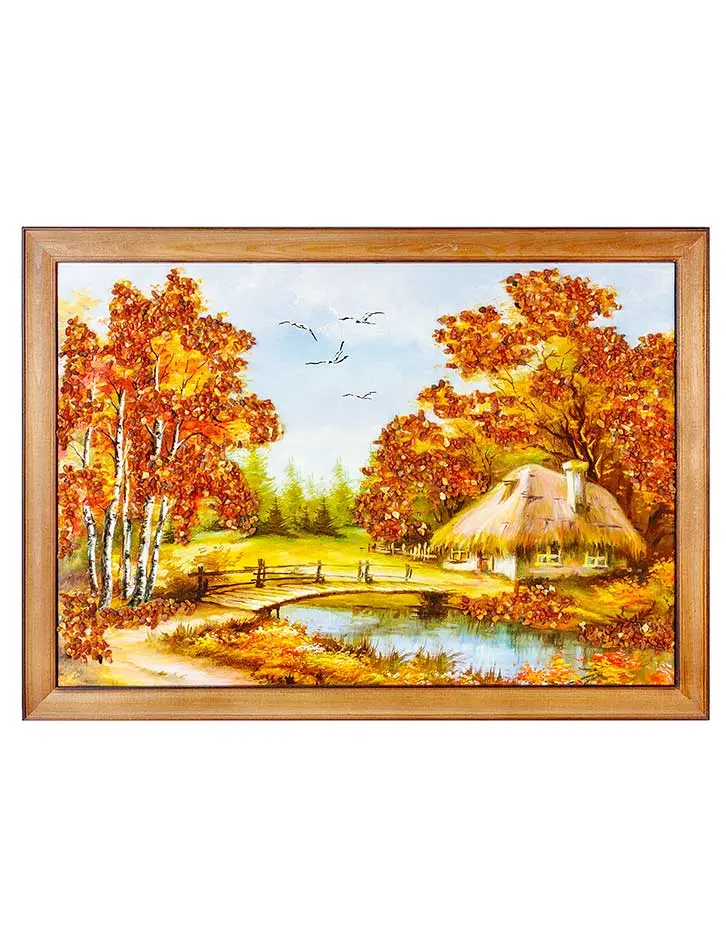 картинка Горизонтальное декоративное панно с натуральным янтарем «Домик у реки» в онлайн магазине
