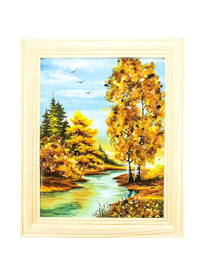 картинка «Река в осеннем лесу». Небольшая вертикально ориентированная картина, украшенная янтарем в онлайн магазине