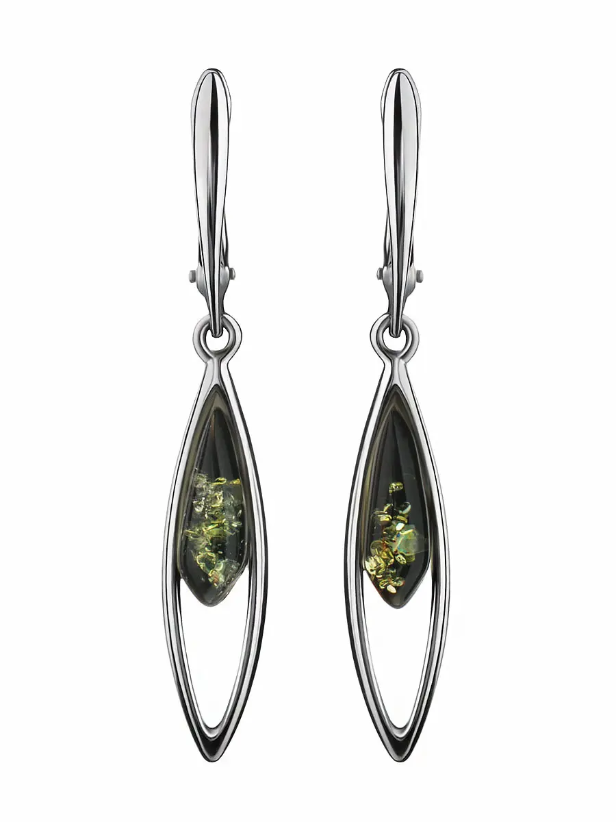 картинка Лёгкие воздушные серьги из серебра и натурального зелёного янтаря «Акация» в онлайн магазине