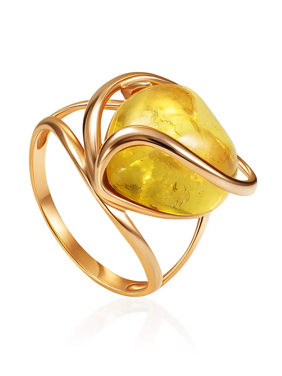 картинка Нежное кольцо из позолоченного серебра с лимонным янтарём «Сердце» в онлайн магазине