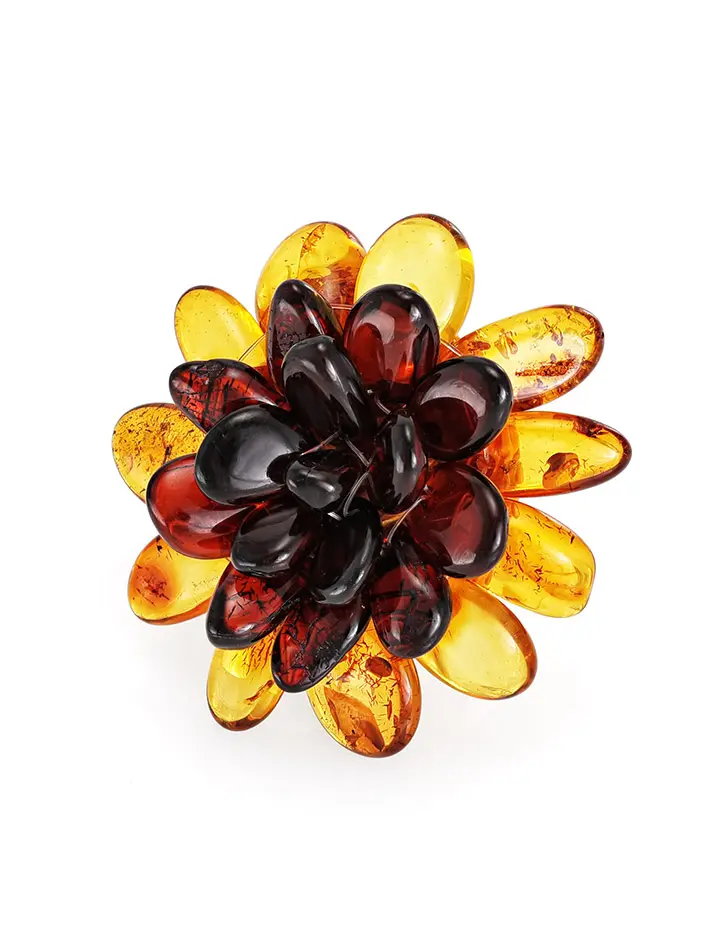 картинка Яркое пёстрое кольцо из натурального цельного янтаря «Хризантема» в онлайн магазине