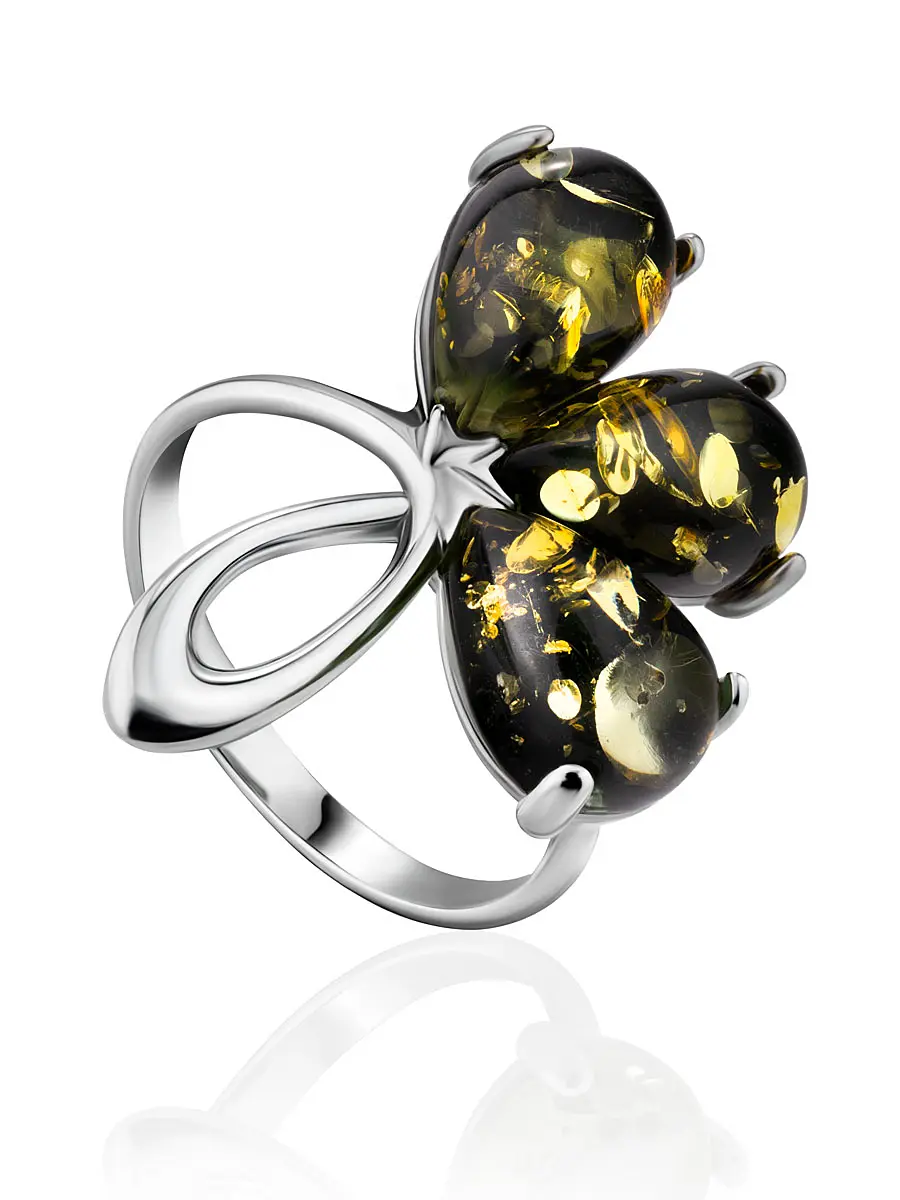 картинка Нежное серебряное кольцо с лепестками из зелёного янтаря «Одуванчик» в онлайн магазине
