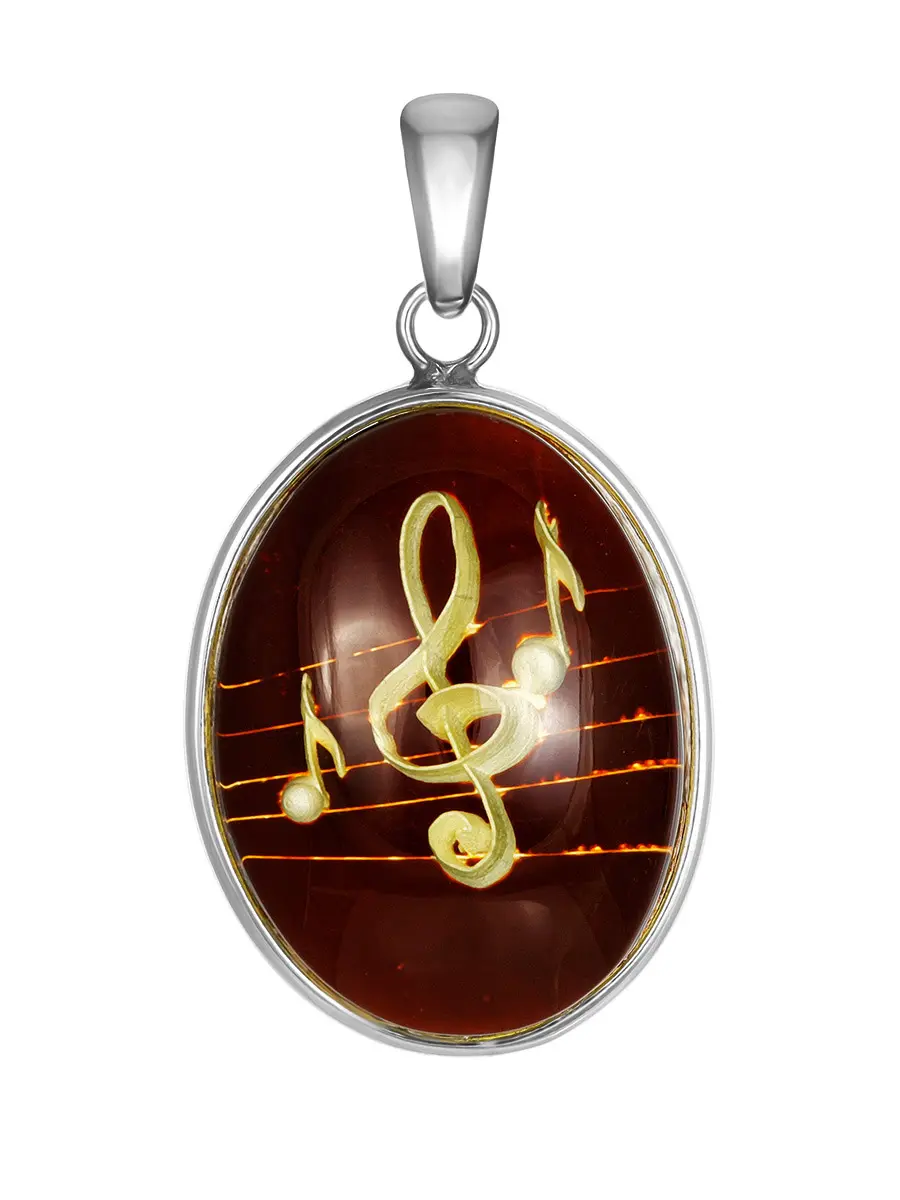 картинка Яркий кулон из янтаря с резьбой-инталией в серебре «Мелодия» в онлайн магазине