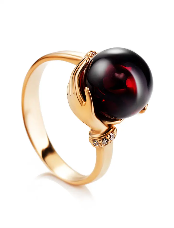 картинка Золотое кольцо «Объятия» с бриллиантами и натуральным янтарём в онлайн магазине