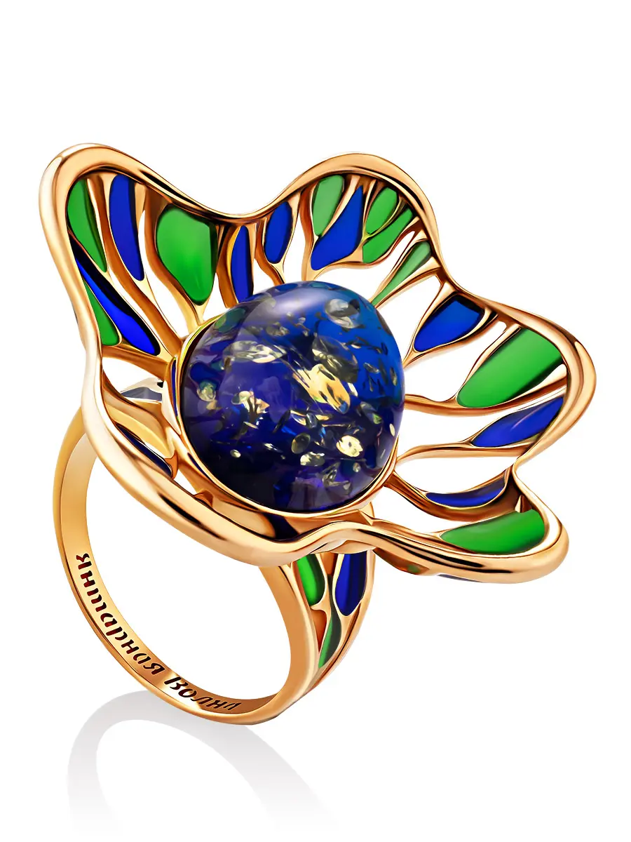картинка Экстравагантное кольцо Verona с эмалью, украшенное янтарём в онлайн магазине