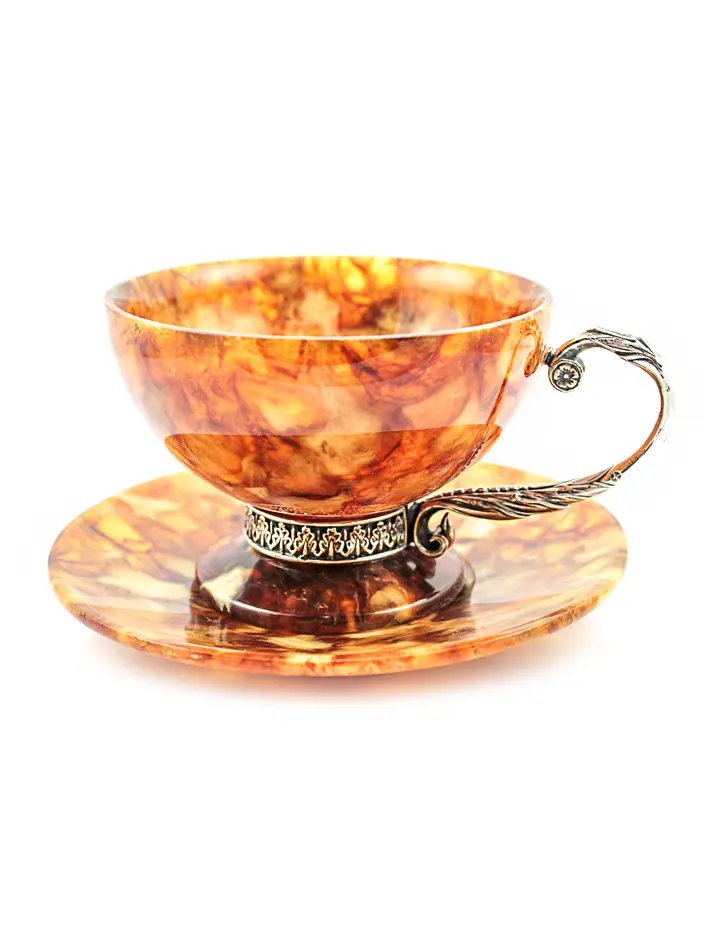 картинка Чашка чайная с блюдцем из натурального янтаря и серебра в онлайн магазине
