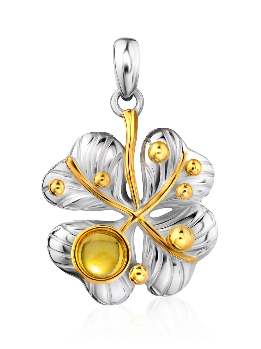 картинка Изысканный кулон из позолоченного серебра и натурального янтаря «Клевер» в онлайн магазине
