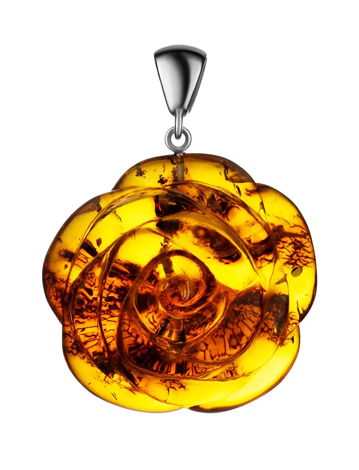 картинка Подвеска из натурального янтаря коньячного цвета с серебром «Роза» в онлайн магазине