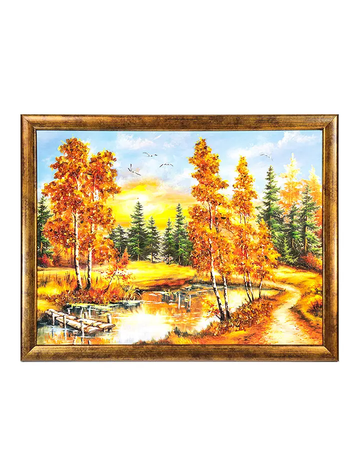 картинка Горизонтально ориентированная картина, украшенная натуральным балтийским янтарём «Лесной пруд» в онлайн магазине
