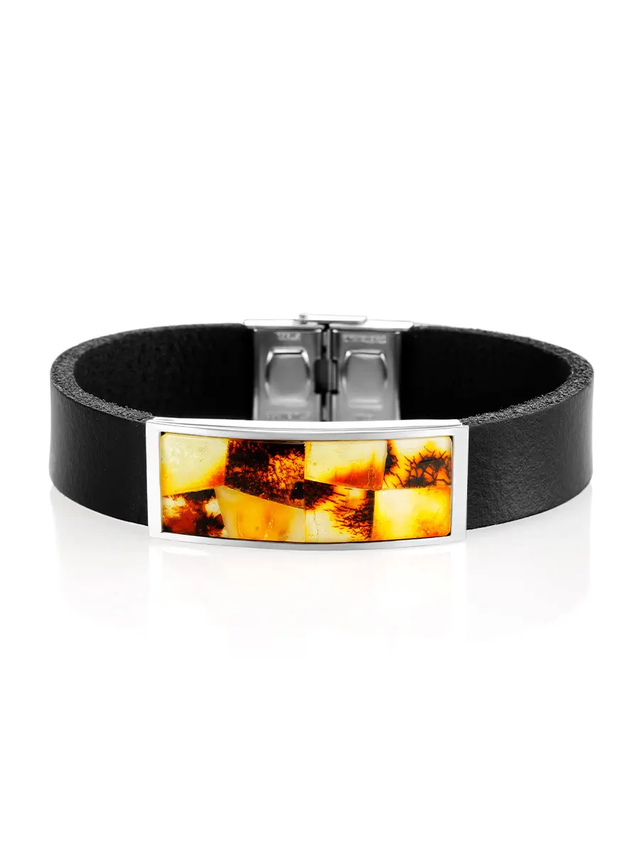 картинка Кожаный браслет «Сильверстоун» с мозаикой из янтаря в онлайн магазине