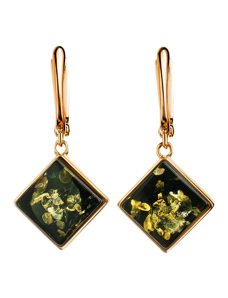 картинка Оригинальные объёмные серьги из золота и натурального зелёного янтаря «Овация» в онлайн магазине