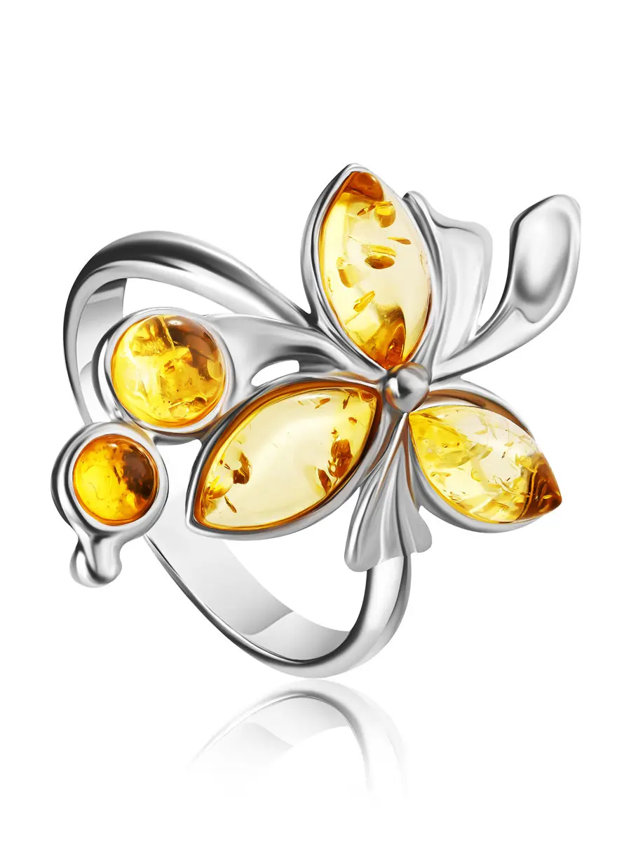 картинка Нарядное серебряное кольцо с натуральным балтийским янтарём лимонного цвета «Орхидея» в онлайн магазине