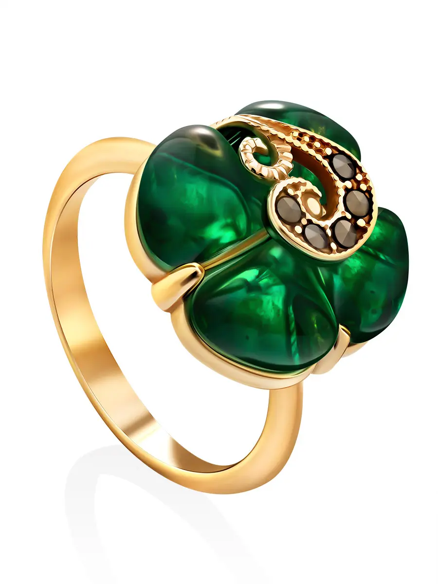 картинка Необычное кольцо с изумрудным янтарём и марказитами «Лола» в онлайн магазине