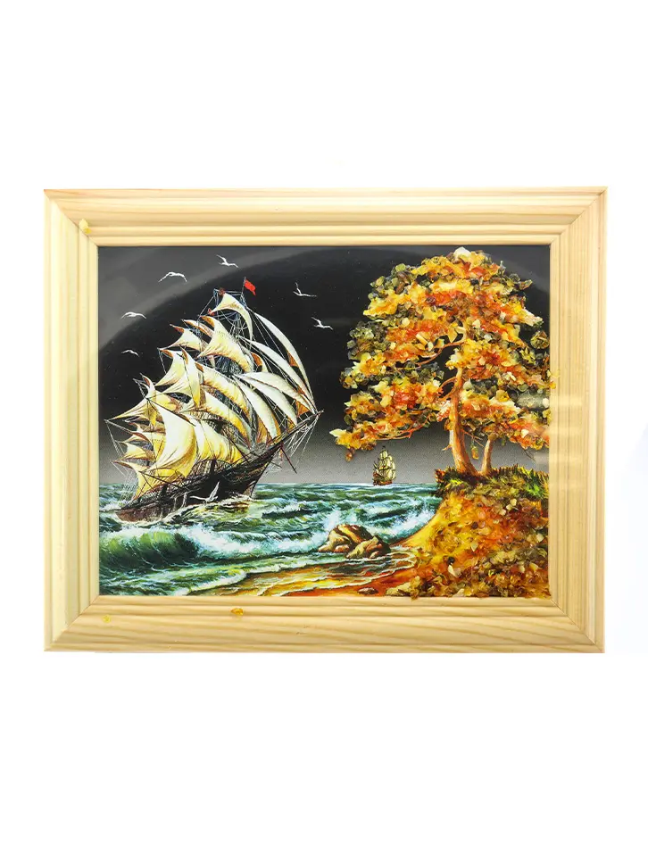 картинка Маленькое горизонтальное панно, украшенное натуральным янтарем «Ночной пейзаж с парусником» в онлайн магазине