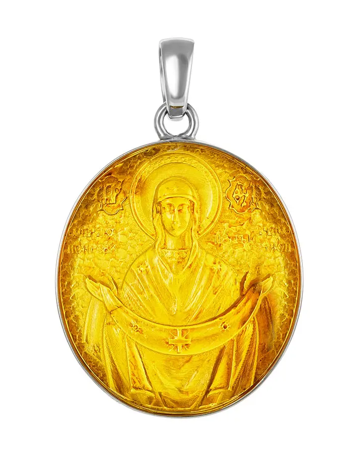 картинка Овальный медальон из натурального янтаря лимонного цвета в серебре «Богоматерь Покрова» в онлайн магазине
