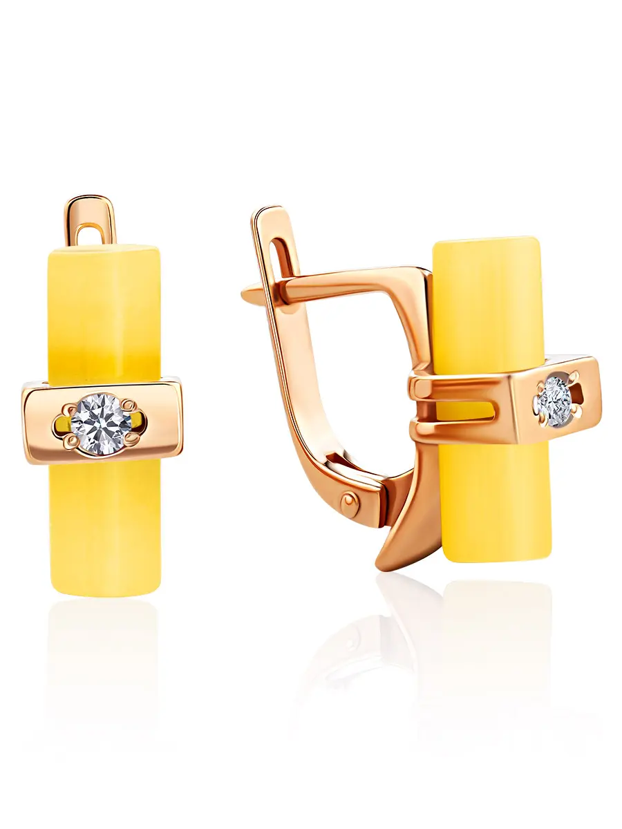 картинка Лёгкие серьги из золота, украшенные натуральным янтарём и цирконитами «Скандинавия» в онлайн магазине