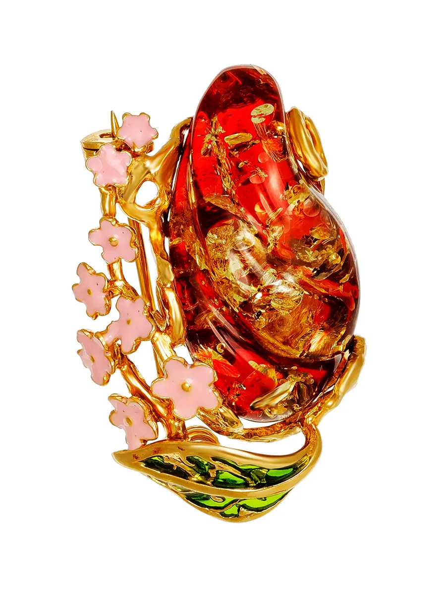 картинка Нарядная брошь из позолоченного серебра с ярко-красным янтарём «Апрель» в онлайн магазине