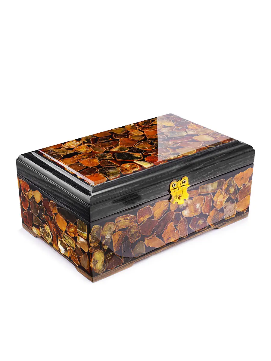 картинка Красивая шкатулка из тёмного дерева, украшенная мозаикой из натурального янтаря в онлайн магазине