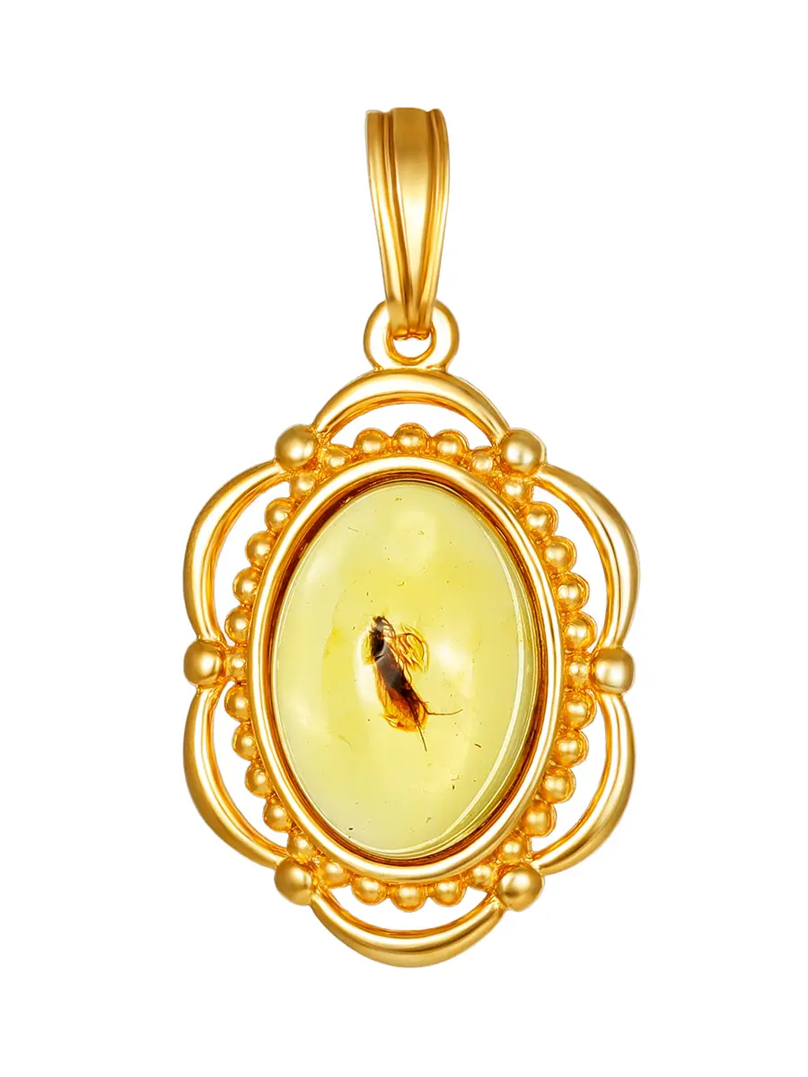 картинка Ажурная подвеска из прозрачного лимонного янтаря с включением насекомого «Клио» в онлайн магазине