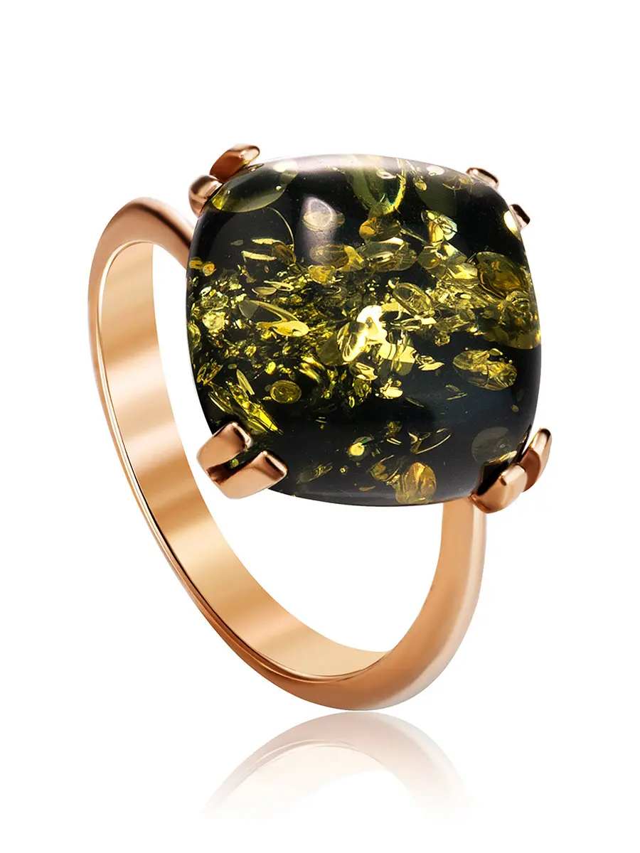 картинка Яркое кольцо «Византия» из позолоченного серебра и искрящегося зелёного янтаря в онлайн магазине