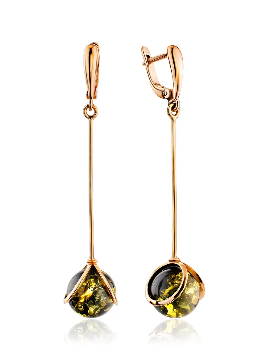 картинка Стильные длинные серьги из позолоченного серебра и зелёного янтаря «Валенсия» в онлайн магазине