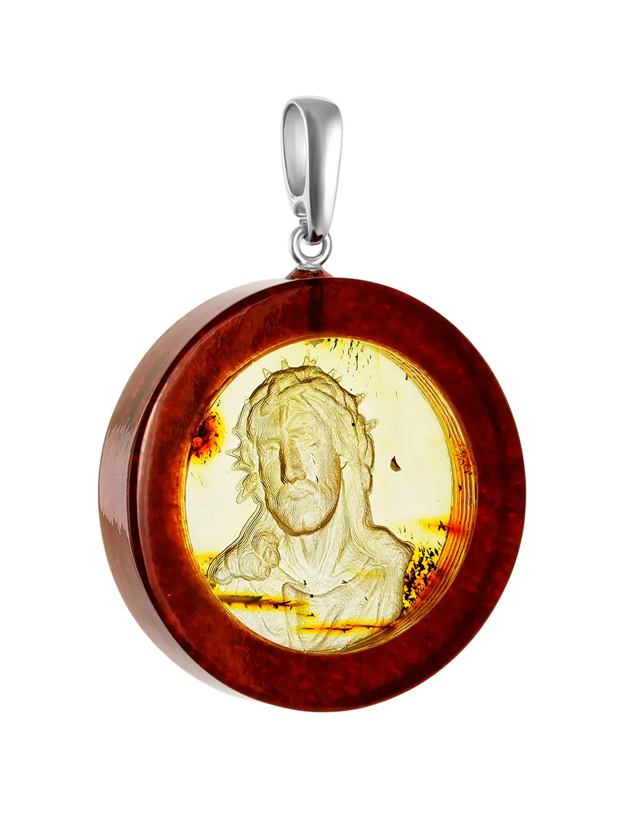 картинка Подвеска из цельного медового янтаря с резьбой-инталией «Христос в терновом венце» в онлайн магазине
