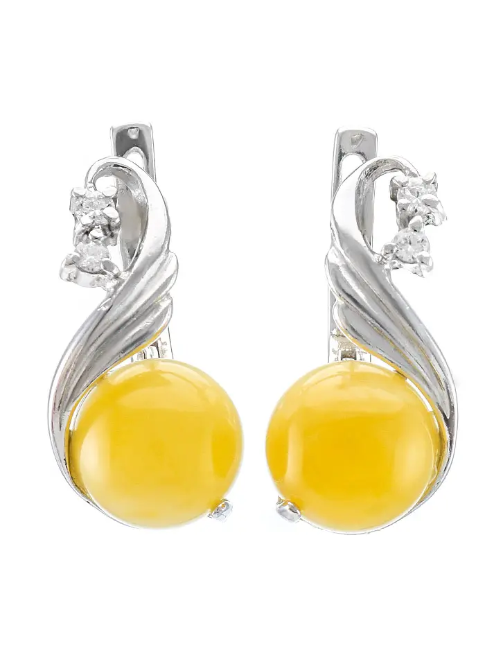 картинка Серьги из серебра с натуральным медовым янтарём и цирконами «Лебедь» в онлайн магазине