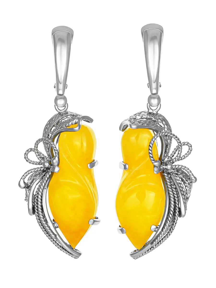 картинка Роскошные серьги из цельного янтаря медового цвета в ажурной оправе «Филигрань» в онлайн магазине