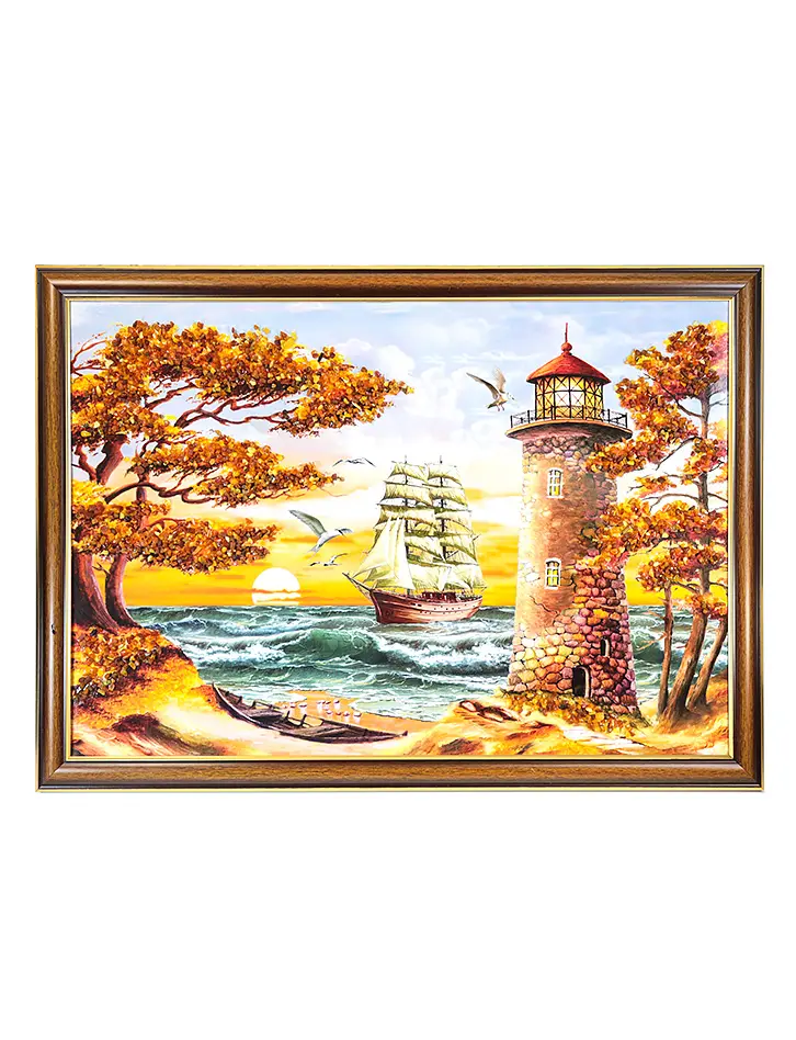 картинка Горизонтальная картина с россыпью натурального балтийского янтаря «Парусник и маяк» в онлайн магазине