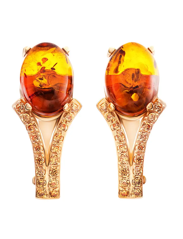 картинка Красивые серьги из золота и натурального янтаря коньячного цвета «Ренессанс» в онлайн магазине