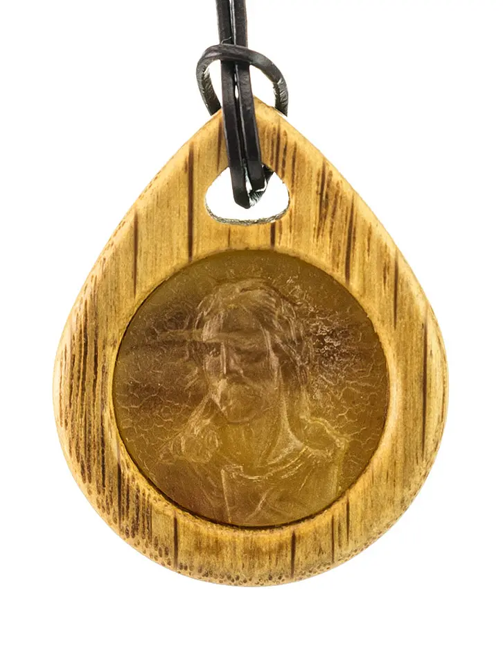 картинка Образок из древесины дуба и натурального янтаря с резьбой «Христос» в онлайн магазине