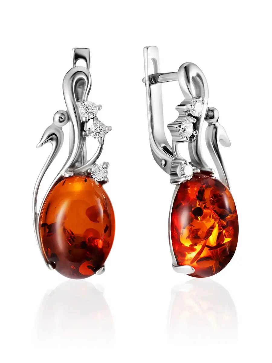 картинка Серьги из натурального янтаря коньячного цвета с фианитами «Мелисса» в онлайн магазине