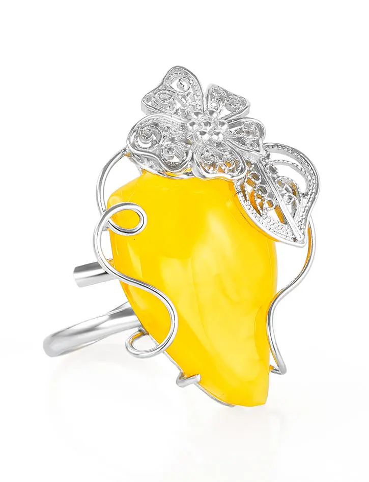 картинка Роскошное серебряное кольцо с вставкой из натурального медового янтаря «Филигрань» в онлайн магазине