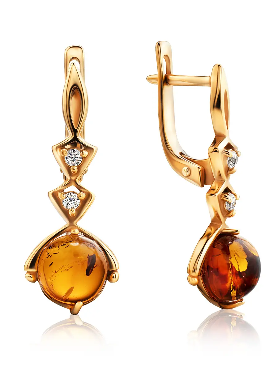 картинка Женственные серьги из золота с натуральным янтарём и кристаллами «Самбия» в онлайн магазине