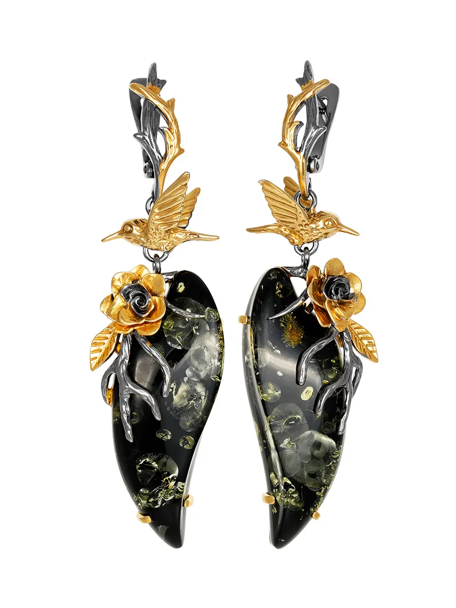 картинка Нарядные серьги «Колибри» с натуральным янтарём в серебре с позолотой в онлайн магазине