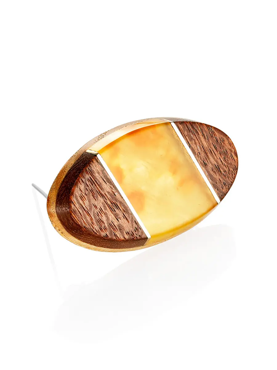 картинка Стильная деревянная брошь с янтарём «Индонезия» в онлайн магазине