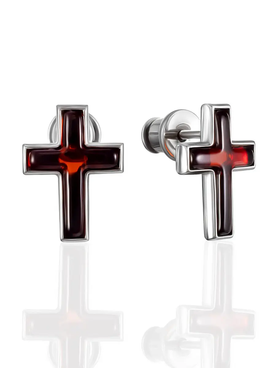 картинка Стильные серьги-пусеты с янтарными крестиками London в онлайн магазине