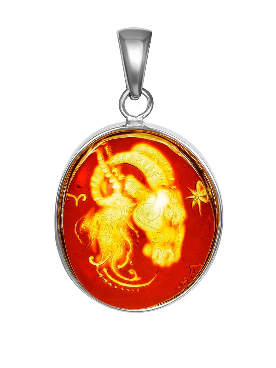 картинка Кулон из натурального янтаря с резьбой в серебре «Овен» в онлайн магазине