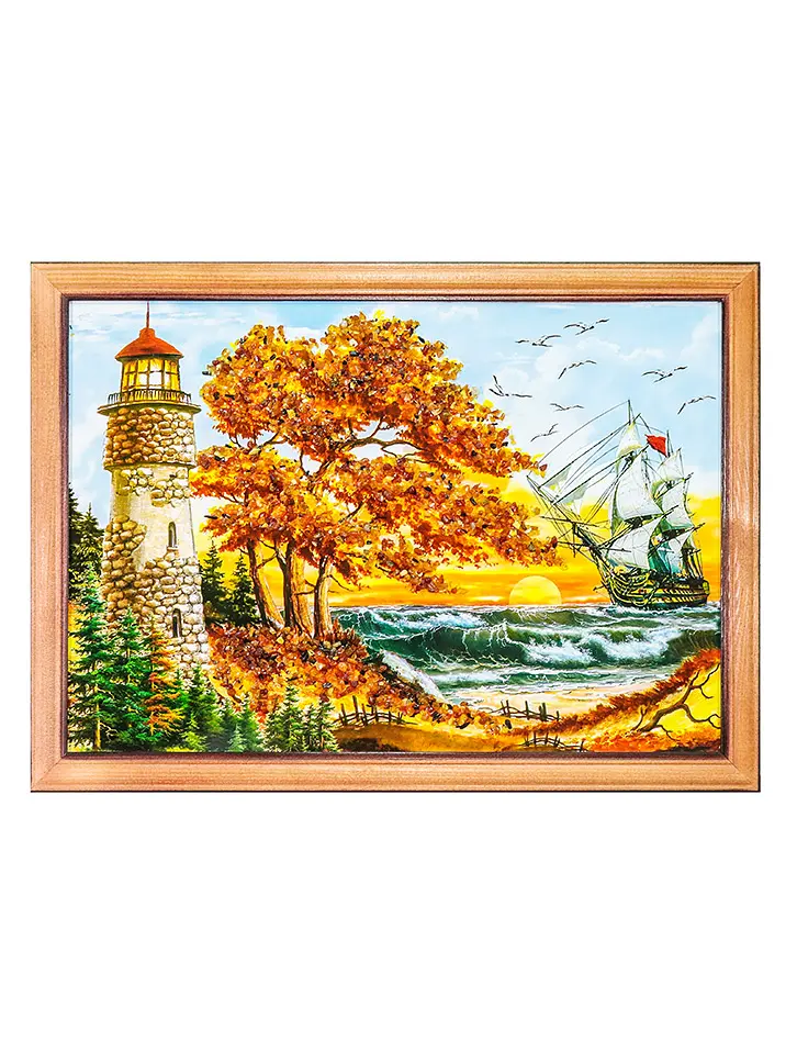 картинка Яркая картина, украшенная натуральным янтарём «Ветреный вечер» 23 см (В) х 33 см (Ш) в онлайн магазине