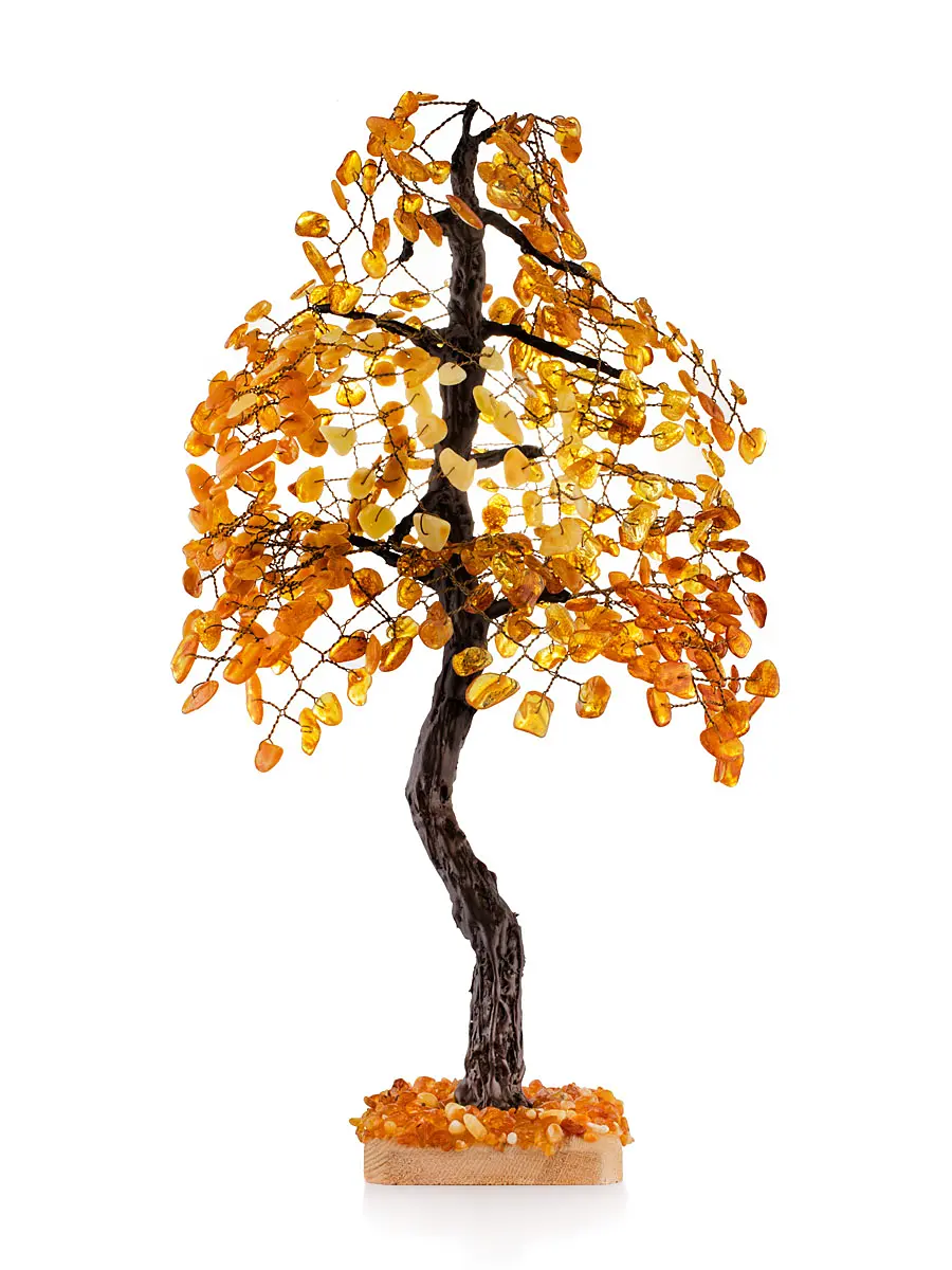 картинка Декоративное денежное дерево с натуральным янтарём на деревянной подставке в онлайн магазине