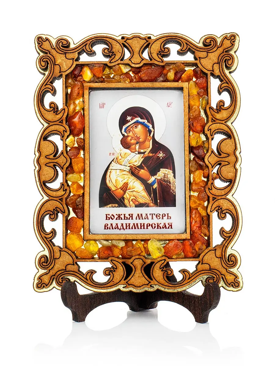 картинка Икона «Владимирская Богоматерь» в резной деревянной оправе с магнитом, украшенная янтарём в онлайн магазине