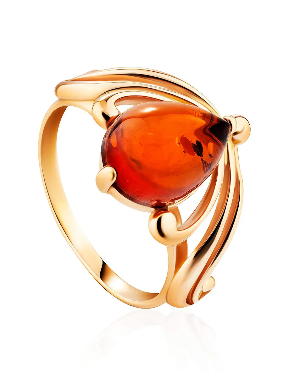 картинка Оригинальное золотое кольцо со вставкой из натурального коньячного янтаря «Медея» в онлайн магазине